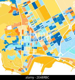 Color art map of  Durres, Albania iin blues and oranges. The color gradations in Durres   map follow a random pattern. Stock Vector