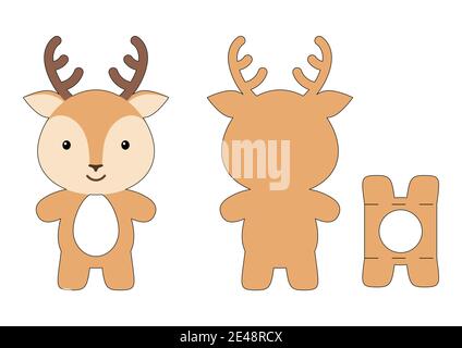 Cute die cut deer chocolate egg holder template. Retail paper box for the easter egg. Printable color scheme. Laser cutting vector template. Stock Vector