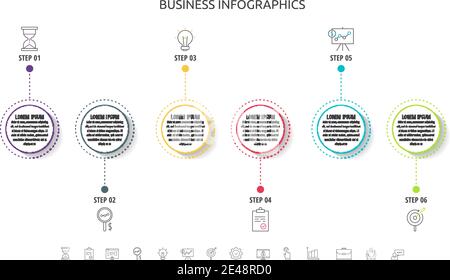 Circles vector line infographic with 6 step, icons. Timeline used for diagram, chart, web, banner, presentations, flowchart, info graph, content Stock Vector