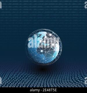 Digital Matrix, Bits Pattern, Ones and Zeros - Abstract Modern 3D Digital Information Vector Background or Wallpaper Template with Earth Globe and Wir Stock Vector