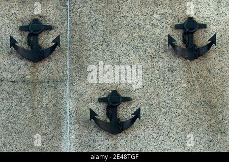 A Close Up Of Three Small Metal Anchors On The National Submariners' War Memorial On Victoria Embankment, London, UK Stock Photo