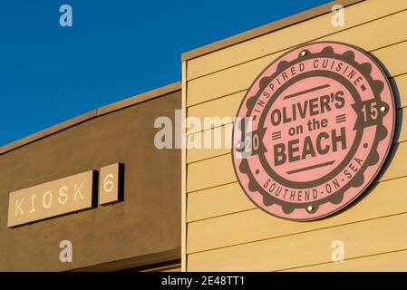 Oliver's on the Beach is a small cafe on Southend seafront run by Jamie Oliver's parents. Inspired cuisine. Kiosk 6 Stock Photo