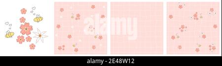 Set of three seamless repeat patterns. White daffodils, pink forget-me-not flowers on squared rough pastel paper. Yellow Bees in love are around Stock Vector