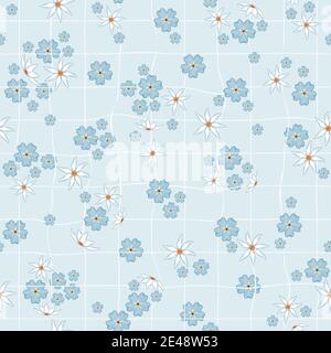White and Yellow daffodils, blue forget-me-not flowers on light background. Seamless repeat pattern of squared rough pastel paper Stock Vector