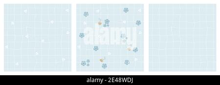 Set of three repeat seamless patterns. White daffodils, blue forget-me-not flowers on squared rough pastel paper background. Yellow Bees in love are around Stock Vector