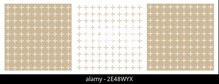 Set of three beige and white geometric patterns. Abstract squares and empty dots, intersection of two broken lines. All shapes are distorted Stock Vector