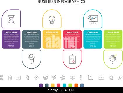 Vector infographics label with six steps, icons. Line chart. Timeline used for diagram, business, web, banner, presentations, flowchart, infograph Stock Vector