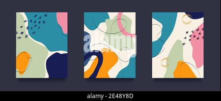 Abstract Shapes Background Set. Set of three Hand drown Seamless Contemporary Patterns. . Vector illustration Stock Vector
