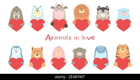 Cute cartoon animal holds a heart sign with copy space. set valentine's day greeting card banner invitation flyer brochure. cartoon hand drawn style. Little animals pets in love, declaration of love. Stock Vector