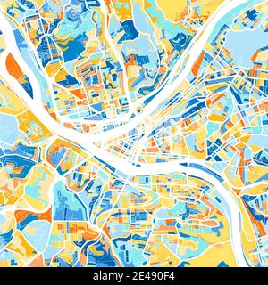 Color art map of  Pittsburgh, Pennsylvania, UnitedStates in blues and oranges. The color gradations in Pittsburgh   map follow a random pattern. Stock Vector