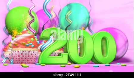 Birthday cupcake with sparking candle with the number 200 large in green with cupcakes with red cream decorated with chocolate chips and balloons on t Stock Photo