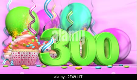 Birthday cupcake with sparking candle with the number 300 large in green with cupcakes with red cream decorated with chocolate chips and balloons on t Stock Photo