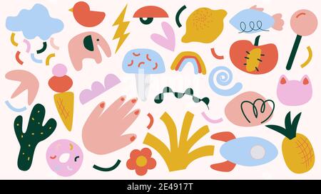 Abstract shapes Background. Hand drawn various shapes and doodle objects. Minimal covers design. Set of abstract Patterns. Vector illustration Stock Vector