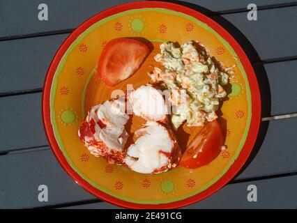 Starter with pieces of cooked lobster tail, mixed vegetables and tomato Stock Photo