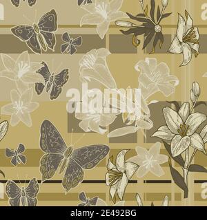 Lily flowers. Seamless pattern for wallpaper and fabric. Background illustration. Hand drawing outline. Flowering of garden plants. Abstract floral Stock Vector