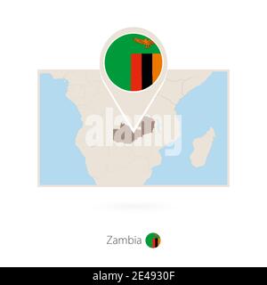Rectangular map of Zambia with pin icon of Zambia Stock Vector