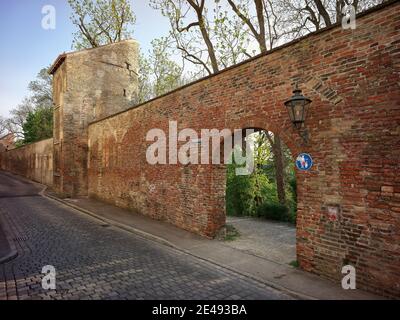 City wall, clinker wall, defense tower, wall, passage, passage, tower, city wall, trees, Schwedenstiege Stock Photo