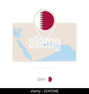 Rectangular map of Qatar with pin icon of Qatar Stock Vector