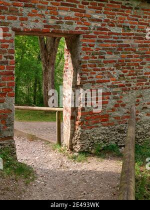 City wall, wall, brick wall, brick, path, gravel path, spring morning, old town, monument, place of interest, historical building, historical old town, listed, monument protection Stock Photo