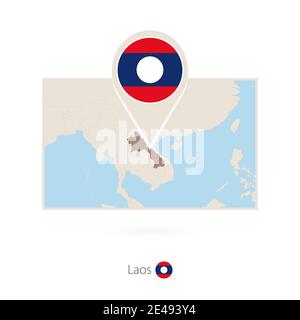 Rectangular map of Laos with pin icon of Laos Stock Vector