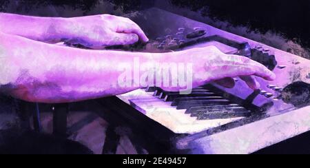 The man plays the synthesizer. Artistic work on the theme of music Stock Photo