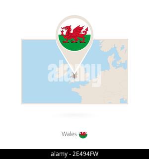 Rectangular map of Wales with pin icon of Wales Stock Vector