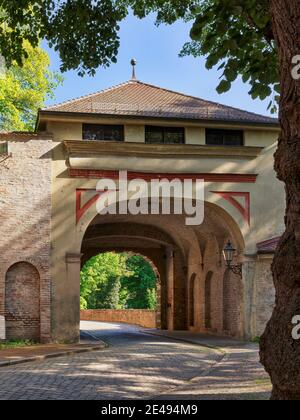 City gate, gate, inlet, passage, ramparts, bastion, city wall, clinker wall, brick wall, city moat, fortification, historic old town, historically, old town, monument, monument site, listed, place of interest Stock Photo