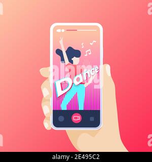 Hand holding smartphone recording a dance video in the application. Stock Vector