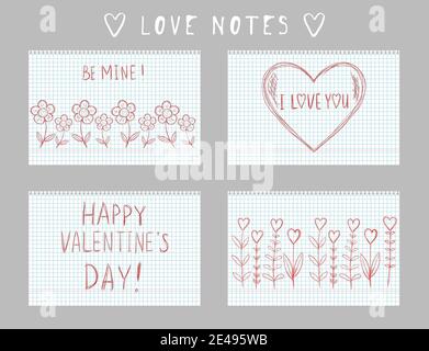 valentine's day greeting card in DIY naive hand drawn style. handwritten love note message on checkered sheet. landscape banner invitation flyer brochure card Stock Vector