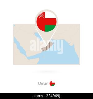 Rectangular map of Oman with pin icon of Oman Stock Vector