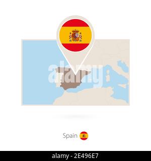 Rectangular map of Spain with pin icon of Spain Stock Vector