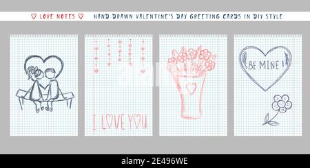 valentine's day greeting card in DIY naive hand drawn style. handwritten love note message on checkered sheet. vertical banner invitation flyer brochure card Stock Vector