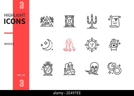 Mystic concept - line design style icons set. Magic, ritual, alchemy and esoteric objects and accessories. Hourglass, candle, scroll, moon, key, sun, Stock Vector