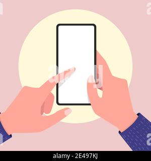 Hands holding empty screen mobile phone and pointing on the blank screen. Editable smartphone template. Stock Vector