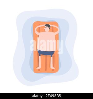 Man is relaxing on the air mattress floating in the swimming pool. Cartoon character. Stock Vector