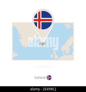 Rectangular map of Iceland with pin icon of Iceland Stock Vector