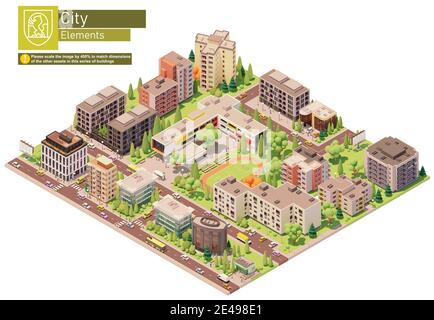Vector isometric city or town block with school Stock Vector