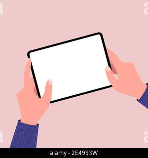 Hands holing tablet computer with blank screen. Editable tablet template. Stock Vector