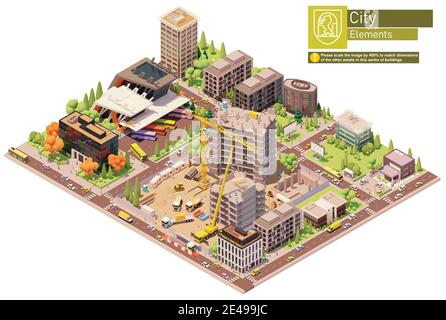 Vector isometric city block with construction site Stock Vector