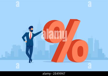 Vector of a businessman standing next to a red big percentage symbol on a cityscape background Stock Vector