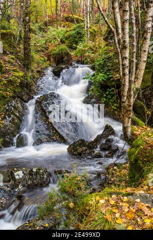 Waterfall on one of the many small streams flowing into Loch Katrine in Scotland, UK Stock Photo