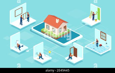 Home building and renovation services by professional team of construction men concept Stock Vector