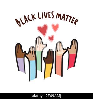 Black lives matter with love, hand drawn symbol. People with different skin colors raising their hands. Stock Vector