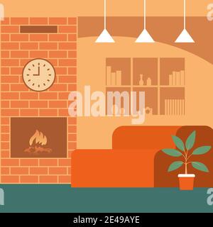 Home room with fireplace. Modern interior of a cozy living space. Sofa, bookshelves, lamps. Vector flat illustration. Stock Vector