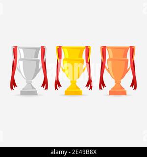 Gold, Silver and Bronze Trophy Cup with red ribbon. Cups for winners. Stock Vector