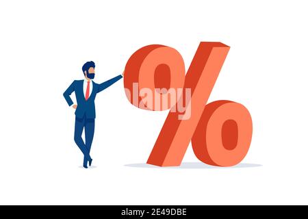 Vector of a businessman standing next to a red big percentage symbol on a white background Stock Vector