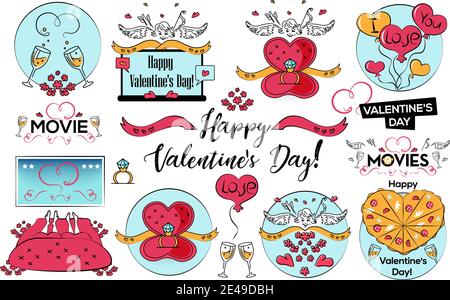 Set of Valentines Day vector Illustrations in cartoon style, stikers, postcards. Stock Vector