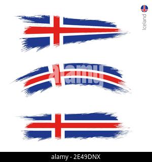 Set of 3 grunge textured flag of Iceland, three versions of national country flag in brush strokes painted style. Vector flags. Stock Vector