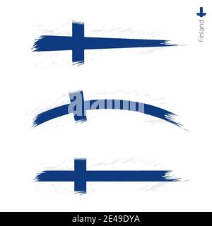 Set of 3 grunge textured flag of Finland, three versions of national country flag in brush strokes painted style. Vector flags. Stock Vector