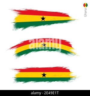 Set of 3 grunge textured flag of Ghana, three versions of national country flag in brush strokes painted style. Vector flags. Stock Vector